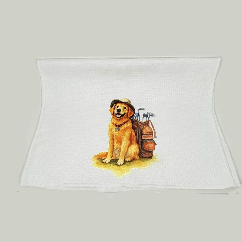 White Dog Towel with Golden Retriever Golf Print